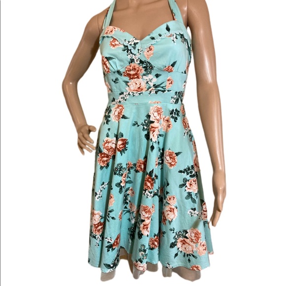 👗 Blue Rose print halter petticoat dress 👗 - Picture 1 of 8